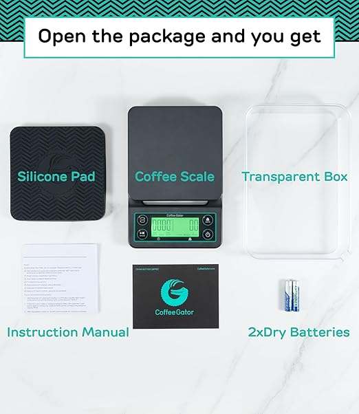 Coffee Gator Coffee Scale 0.1g Precision with Timer - 3kg Digital Scale ﻿Large LCD Weighing Kitchen Multifunctional for Pour-Over, Espresso, French Press, Bean, Food, Drink