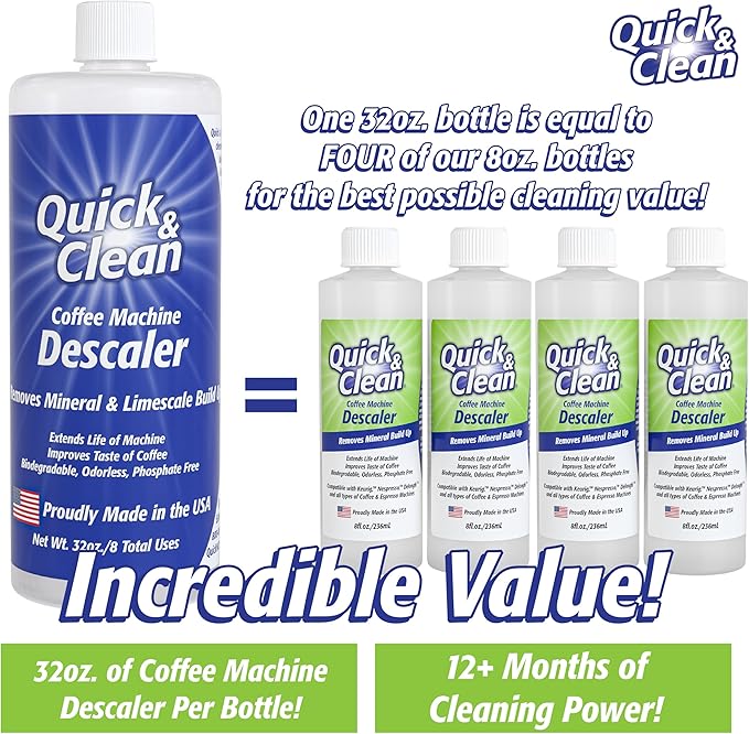 Quick & Clean 32oz. Descaler (8 Total Uses) - Made in the USA - Descaling Solution for Nespresso, Ninja, Delonghi, All Other Coffee and Espresso Machines…