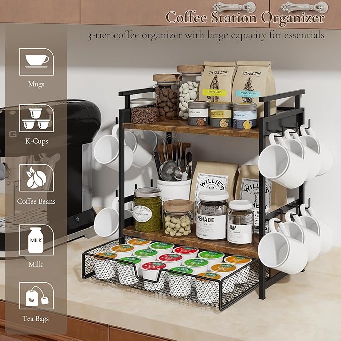 Coffee Bar Organizer, 3 Tier Coffee Station Organizer for Countertop, Mug Cup Holder Stand with 12 Hooks, with K Cup Storage Drawer, Tea Organizers Accessories for Home Office