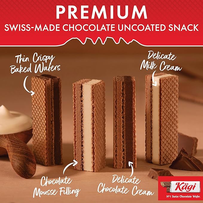 Swiss Milk Chocolate Mousse Filled Wafers by Kägi, Individually Wrapped Snacks, Chocolate Gift, Kägi Crisp'n Cream, Milk and Choco Cream, 4-Pack, 88g Bags