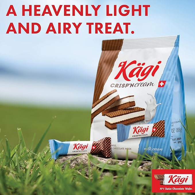 Swiss Milk Chocolate Mousse Filled Wafers by Kägi, Individually Wrapped Snacks, Chocolate Gift, Kägi Crisp'n Cream, Milk and Choco Cream, 4-Pack, 88g Bags