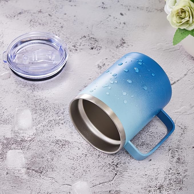 MEWAY 12oz Coffee Mug With Handle 2 Pack Bulk,Stainless Steel Insulated Travel Tumblers With Sliding Lid,Double Wall Vacuum Camping Cup for Hot & Cold Drinks Tea (Bubble Gum&Blue Waves,Set of 2)