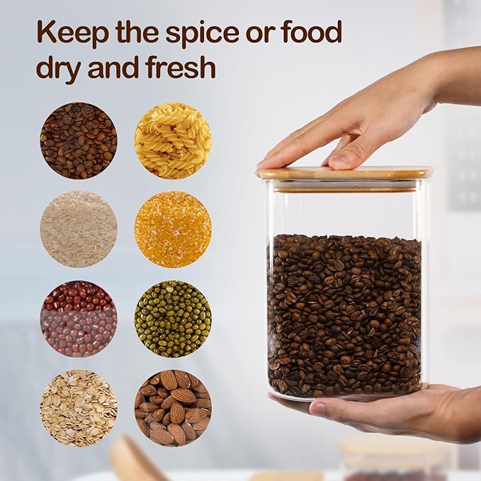 122oz Airtight Glass Square Storage Canister with Bamboo Lid Set of 2(3600ml*2) Large Storage Container Gallon Glass Jars, for Sugar, Flour, and Coffee bean (with Black Lable)