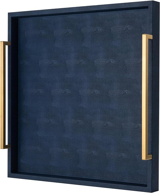 Large Navy Blue Decorative Tray for Ottoman,Stylish Rectangle Coffee Table Tray with Handles,Versatile Serving Tray for Living Room and Home Decor
