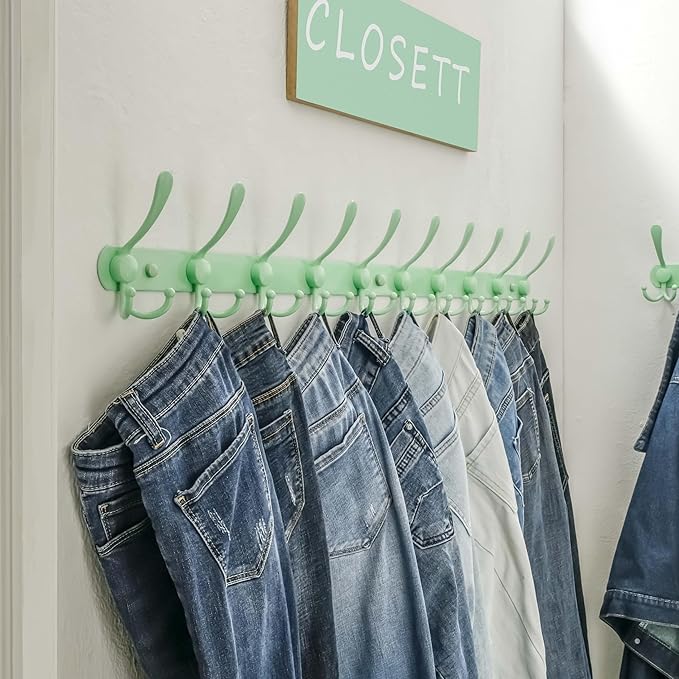 Dseap Coat Rack Wall Mount - 38” Long 10-Tri-Hooks Heavy Duty Coat Hanger Rail Wall Hooks for Hanging Coats Hats Clothing Clothes Purse Mudroom Entryway, Green