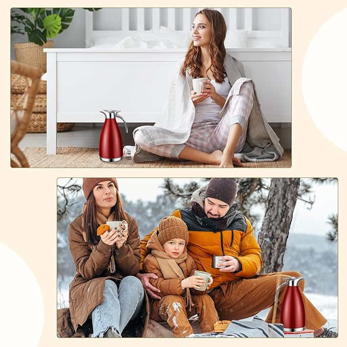 Uiifan 2 Pcs 68 oz Thermal Coffee Carafe Insulated Stainless Steel Coffee Carafe for Hot Liquids Vacuum Thermal Pot Creamer Dispenser with Brushes Keeping Hot Tea Milk Water(Red)