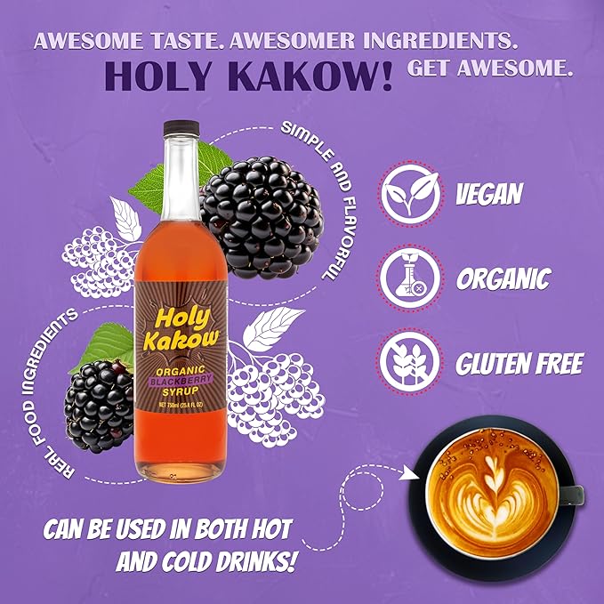 Holy Kakow Cafe Organic Blackberry Syrup - Blackberry Coffee Syrup, Organic Syrup for Coffee, Latte, Cocktail and Shake, Real Food Ingredients - 750ml