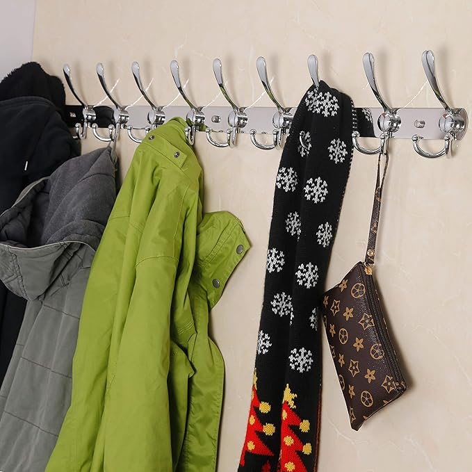 Dseap Coat Rack Wall Mount - 38” Long 10-Tri-Hooks Heavy Duty Coat Hanger Rail Wall Hooks for Hanging Coats Hats Clothing Clothes Purse Mudroom Entryway, Chromed