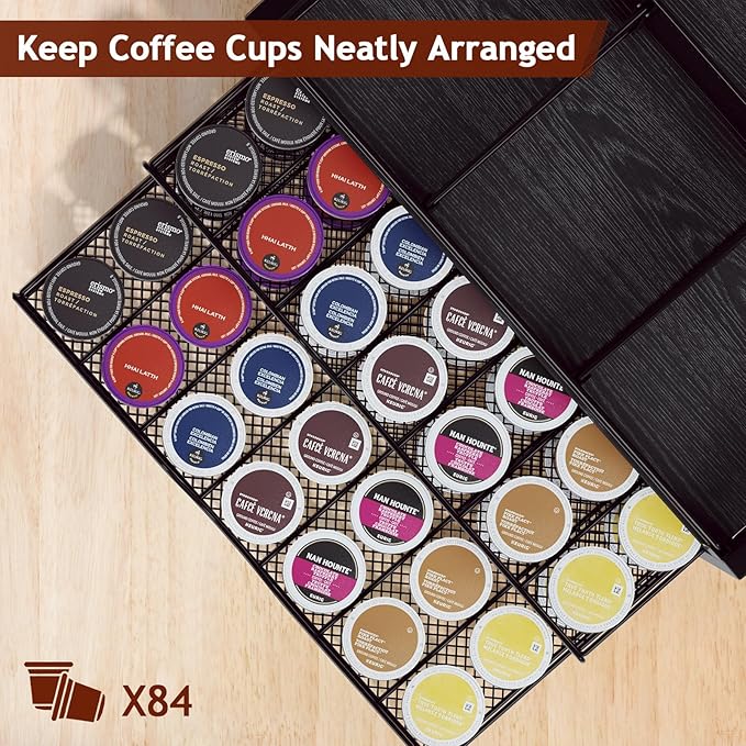 Coffee Bar Organizer - Coffee Station for Countertop, Metal and Wood K Cup holder Storage Basket for Syrup, Cups, Stirrer, Condiment, Tea Organizer, Black