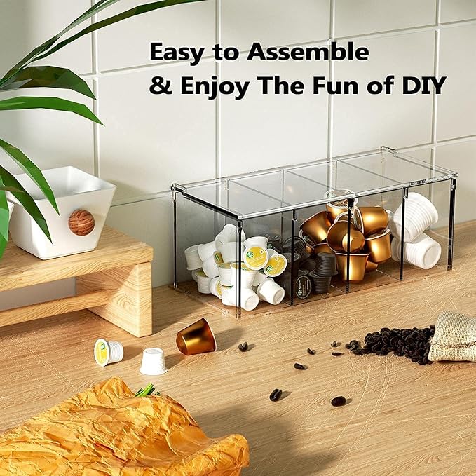 Coffee Capsule Holder Acrylic Box K Cup Holder Coffee Pod Storage Clear Acrylic 4 Compartment with Lid Organizer Coffee Bar Accessories