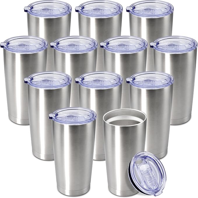 20 oz Tumbler Coffee Travel Tumblers Bulk with Lid Stainless Steel Double Wall Vacuum Insulated Mug Powder Coated Cups fit Car Cupholder for Hot and Cold - Stainless Steel, 12Pack