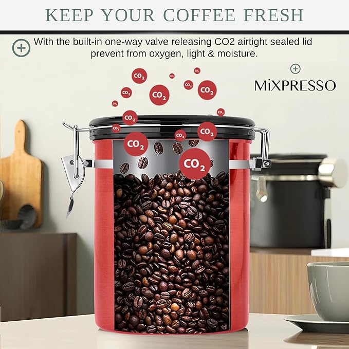 Mixpresso 16 Oz Red Coffee Canister, Stainless Steel Airtight Coffee Container, Air tight Jar Tea Storage with Date Tracker, Vacuum Sealed Espresso Airtight Canister, Sugar Container for Home