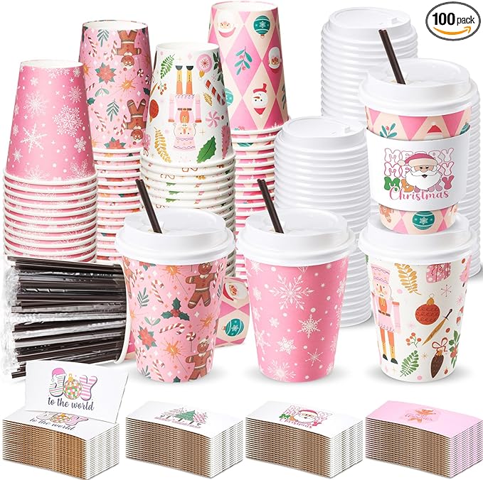Remerry 100 Sets 400 Pcs 12 oz Christmas Disposable Coffee Cups with Lid, Straws and Sleeves Snowflake Reindeer Snowman Paper Cups Xmas Party Supplies for Hot Drink Cold Beverage(Pink Christmas)