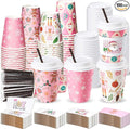 Remerry 100 Sets 400 Pcs 12 oz Christmas Disposable Coffee Cups with Lid, Straws and Sleeves Snowflake Reindeer Snowman Paper Cups Xmas Party Supplies for Hot Drink Cold Beverage(Pink Christmas)
