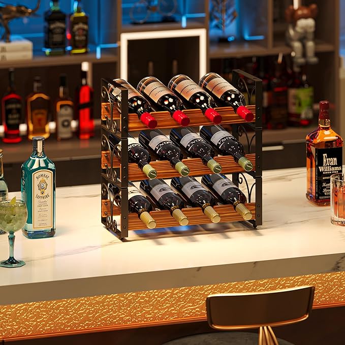 X-cosrack Wine Rack Countertop, 3-Tier 12 Bottles Small Wine Rack Stackable for Inside Cabinet, Solid Wood & Wrought Iron Wine Bottle Holder, Wine Storage Shelf for Kitchen Bar Dining Room