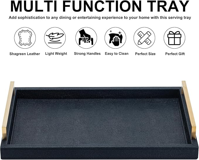 Black Faux Leather Serving Tray, 17x12 inches, Brushed Gold Handles, Decorative Tray for Ottoman Coffee Table, Living Room, Kitchen, Bathroom