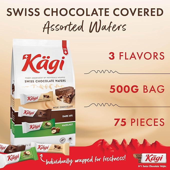 Kägi Swiss Chocolate Covered Wafers Assorted Bag – Crispy Coated, Individually Wrapped Mini-Mix of Classic, Dark & Hazelnut Flavors, 500g Bag