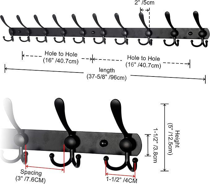 Dseap Coat Rack Wall Mount - 38” Long 10-Tri-Hooks Heavy Duty Coat Hanger Rail Wall Hooks for Hanging Coats Hats Clothing Clothes Purse Mudroom Entryway, Black