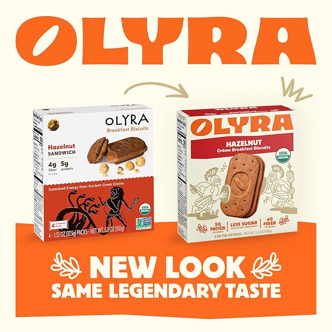 Olyra Hazelnut Cocoa Sandwich Breakfast Biscuits, Healthy Snacks for Adults and Kids, Low Sugar, High Fiber, Organic Vegan Cookies, with Ancient Greek Grains, USDA Certified Organic, Non GMO, 24 Packs
