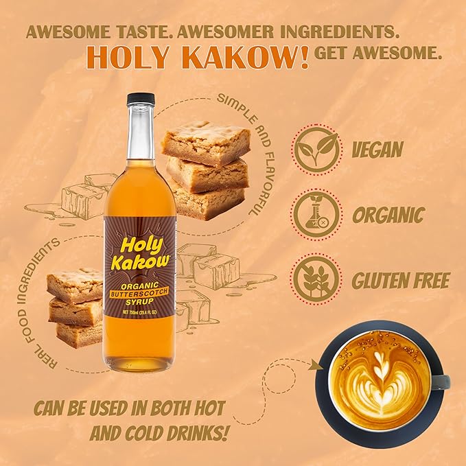 Holy Kakow Organic Butterscotch Syrup - Coffee Syrup, Liquid Sugar Coffee Flavoring Syrup, Cane Sugar Syrup, Liquid Sugar for Iced Coffee, Butterscotch Syrup for Coffee, All-Natural, Non-GMO - 750 ml