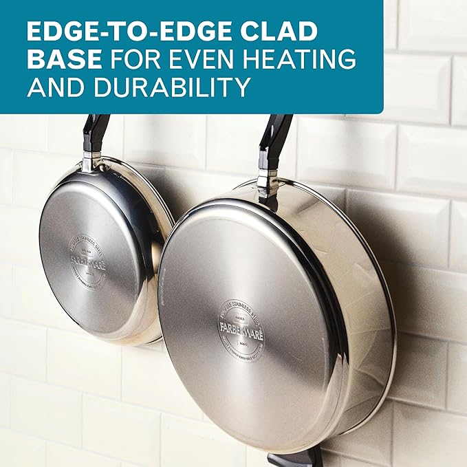 Farberware Classic Series Anniversary Edition Stainless Steel Sauté Pan and Lid with Helper Handle, Induction Suitable, 6 Quart Jumbo Cooker, Metal Utensil Safe - Stainless Steel