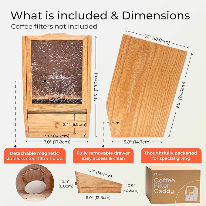 Coffee Filter Holders Storage with Lid, Large Capacity Oak Wood Box for Pour Over Coffee Station Accessories & Tea Bag Organizer, Versatile Home Bar Essentials for Farmhouse Kitchen Decor