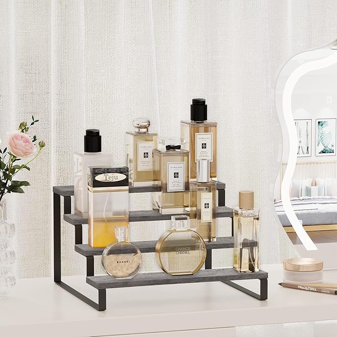 YINMIT Wooden Display Riser Stand, Tiered Perfume and Cologne Organizer Stand, 4 Tier Spice Rack Organizer, Rustic Display Shelf for Candles (4 Tier,Grey)