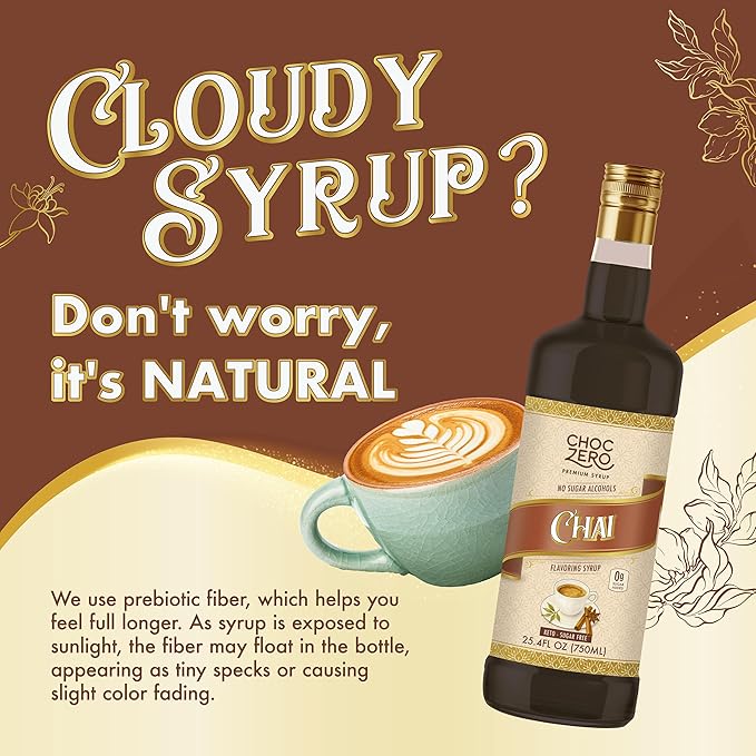 ChocZero Chai Flavoring Syrup, Sugar Free, Monk Fruit Sweetened, Prebiotic Fiber, Keto, Gluten Free, Vegan, No Sugar Alcohols – 25.4 Fluid Ounces