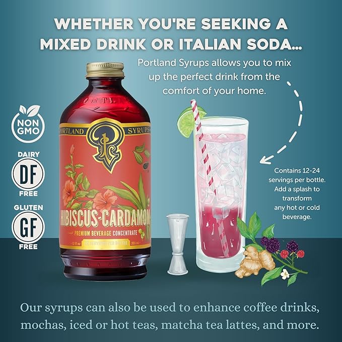 Portland Syrups Hibiscus Cardamom Syrup - Craft Exquisite Cocktails, Mocktails, Tea, Soda, Coffee Drinks, and More - 12 oz with 12 Servings (Pack of 2)