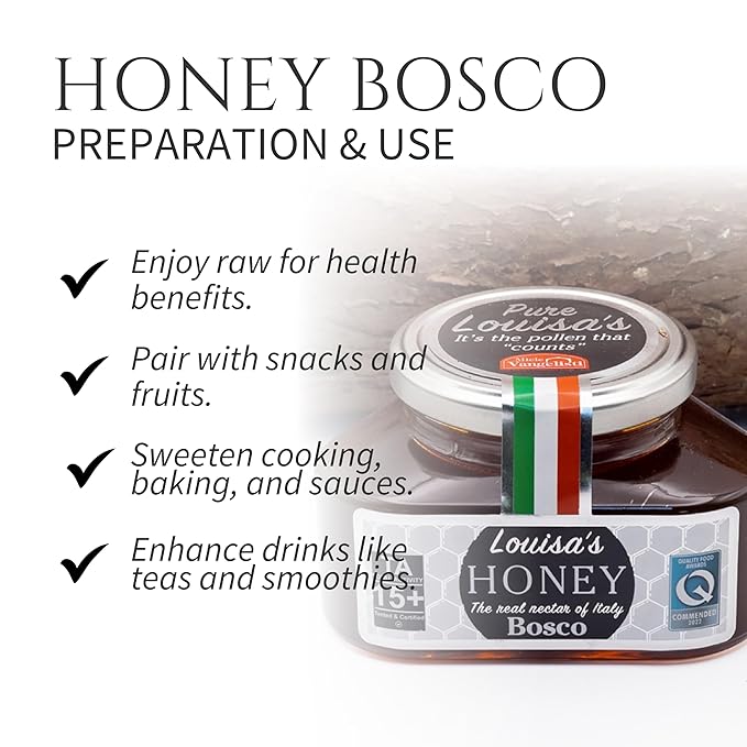 Louisa's Bosco Honey | Award-Winning Italian Raw & Pure Honey | TA 20+ (MGO 829+) | 100% Traceable | Sustainably Sourced | GMO, Gluten & Allergen Free | 350g