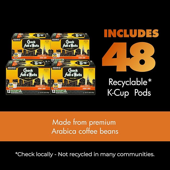 Chock Full o' Nuts Donut Shop Keurig K-Cup Pods for Keurig Brewers – Premium Arabica, Medium Roast – Single Serve – 4 Packs of 24 K-Cup Pods