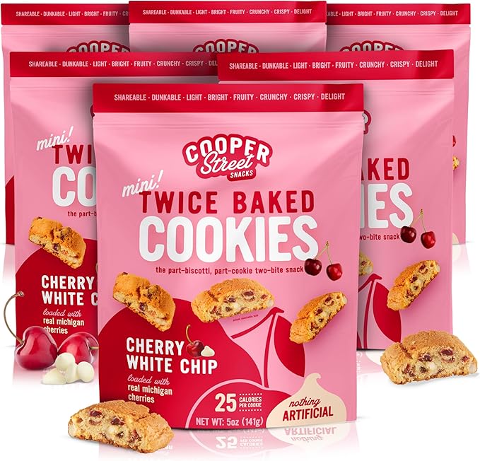 COOPER STREET Twice Baked Cherry White Chip Biscotti Cookies - Crispy Mini Biscotti Cookies Ideal with Coffee - Traditional Low Calorie Italian Snacks - Kosher, Dairy, Peanut & Soy Free (6 Pack)