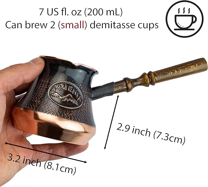 Handmade Armenian Coffee Pot Maker 2 Small cup Copper Jazva Ararat Turkish Arabic Greek Cezve Jezve Ibrik Turka Jazve Wooden Handle (7 Fl Oz)
