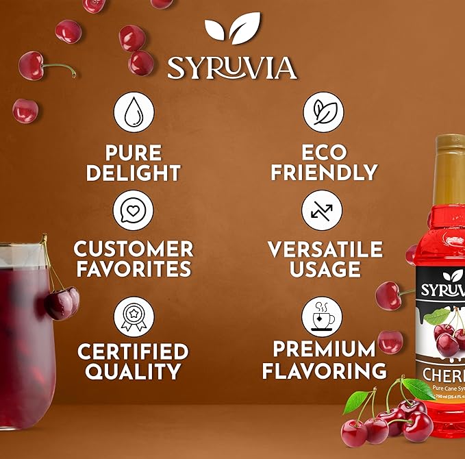 Syruvia Cherry Syrup, Flavored Syrup for Drinks, Cocktails, Lemonades, Iced Teas, and Desserts – 25.4 fl oz