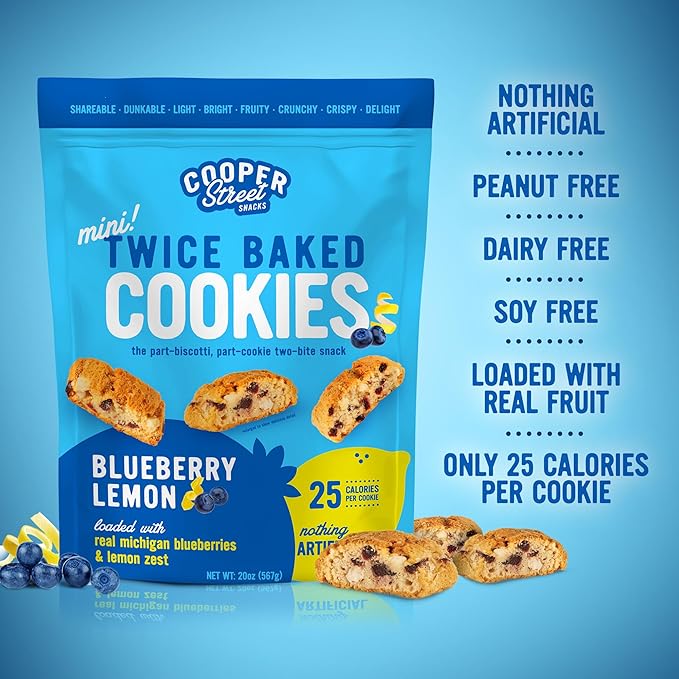 Cooper Street Twice-Baked Blueberry Lemon Biscotti Cookies (16 oz Pack of 2) – Over 50 Biscotti per Bag Loaded with Real Fruit, Traditional Italian Style Snacks - Dairy, Peanut & Soy Free, Kosher