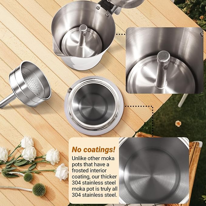 No Coating 9 Cup Thickened 304 Stainless Steel Moka Pot Stovetop Espresso Maker Italian Coffee Machine 450ml 15oz Suitable for Gas Induction Stovetop Greca Coffee Maker Percolator