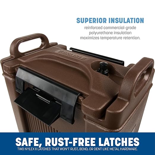 Carlisle FoodService Products 5-Gallon Insulated Beverage Dispenser, Cateraide, Food-Grade with Handles, Rugged PE Shell with PU Insulation for Coffee, Tea and Hot or Cold Drinks, Brown - Made in USA