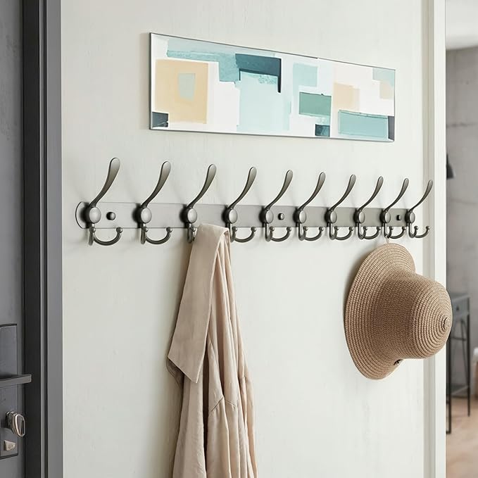 Dseap Coat Rack Wall Mount - 38” Long 10-Tri-Hooks Heavy Duty Coat Hanger Rail Wall Hooks for Hanging Coats Hats Clothing Clothes Purse Mudroom Entryway, Gray, Pack of 2