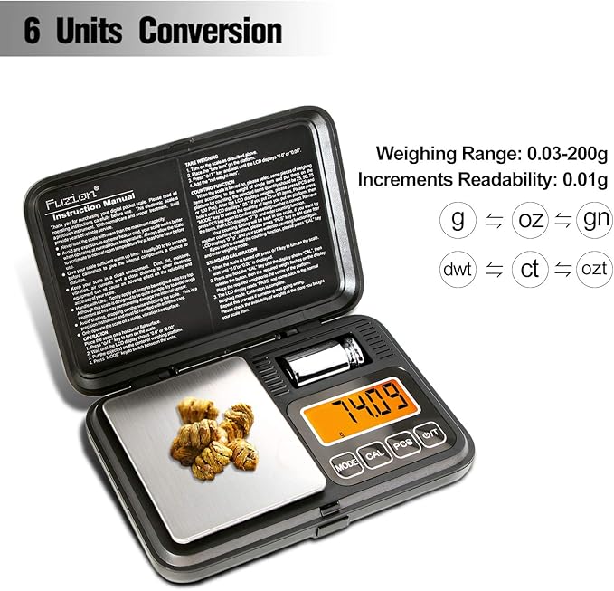 Fuzion Digital Pocket Scale 200g/0.01g, Scale Gram with LCD Display, Tare and PCS, Mini Digital Scale with 50g Calibration Weight for Jewelry, Coins, Powder, Herbs, Spices (Battery Included)