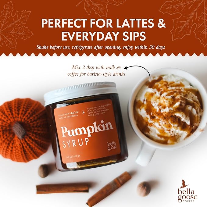 Bella Goose Pumpkin Syrup (16oz) - Homemade Pure Cane Sugar Syrup for Lattes, Matcha, Desserts & Ice Cream - Clean Ingredient - No Artificial Flavors, Dyes or Preservatives - Syrups for Coffee Drinks