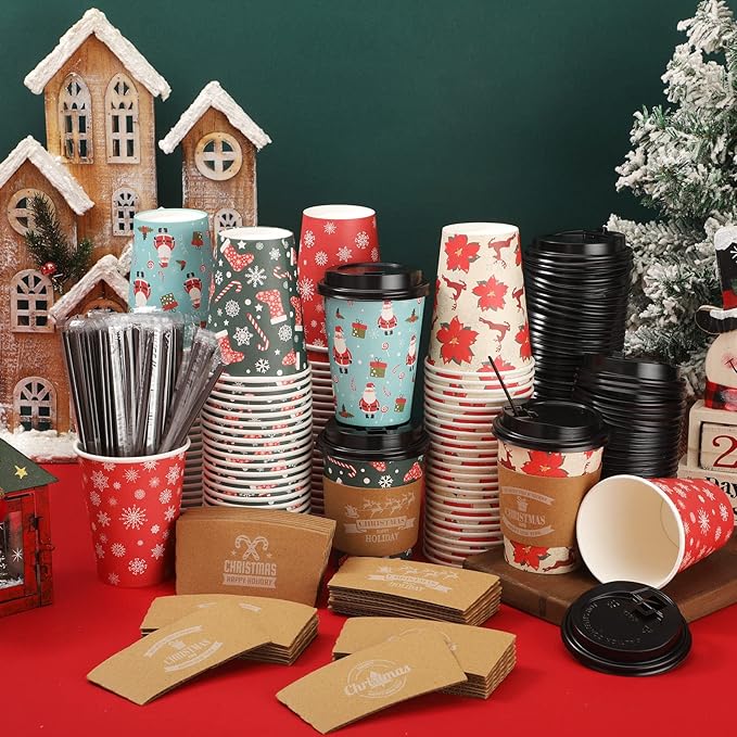 Remerry 100 Sets 400 Pcs 12 oz Christmas Disposable Coffee Cups with Lid, Straws and Sleeves Snowflake Reindeer Snowman Paper Cups Xmas Party Supplies for Hot Drink Cold Beverage(Bright Style)
