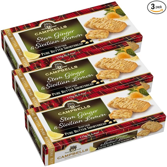 Campbells Shortbread with Stem Ginger & Sicilian Lemon 4.41 Oz (Pack of 3) - Pure Butter Scottish Shortbread Cookies from Scotland, Ginger Lemon Cookies, Gourmet British Tea Biscuits & Gift Box