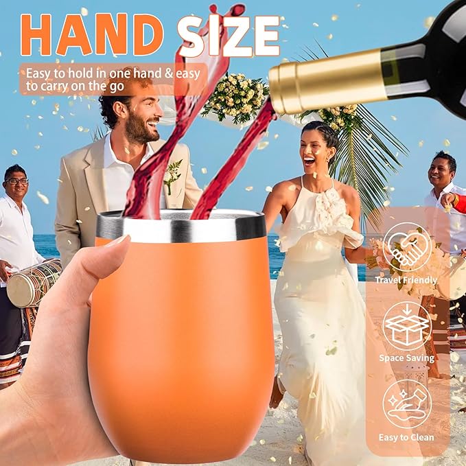 12oz/4 Pack Stainless Steel Wine Tumbler with Lid and Straw, Double Wall Vacuum Insulated Wine Tumbler Glasses, Stemless Travel Mugs for Hot and Cold Drinks, Coffee, Wine, Cocktails