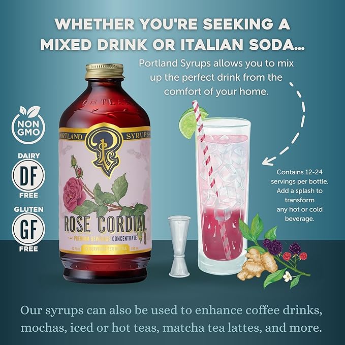 Portland Syrups Rose Cordial Syrup - Craft Exquisite Floral Beverages for Cocktails, Mocktails, Soda, and More - 12 oz with 24 Servings (Pack of 2)