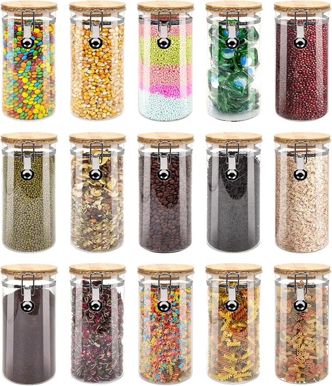 Glass Coffee Grounds Container with Wooden Shelf, 2 × 45 FLOZ Glass Coffee Canister with Sealed Locking Clamp, Kitchen Large Capacity Food Storage Jar with Metal Spoon