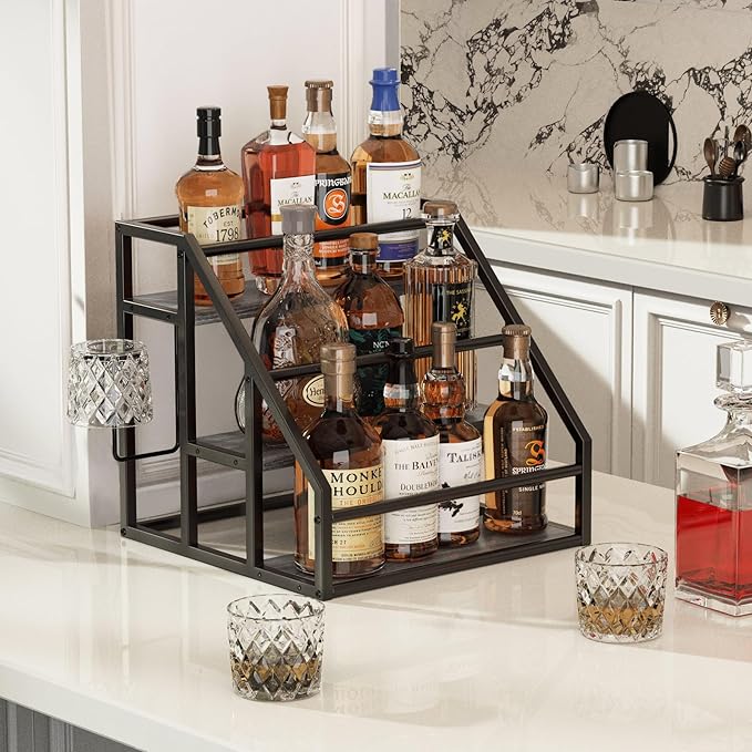 Coffee Syrup Rack Organizer, 3 Tier Countertop Storage Shelves, Kitchen Storage, 12 Syrup Bottle Stand Holder for Wine, Liquor, Kitchen Coffee Station Organizer Rack, 13.8"x13.4"x13.0", Grey