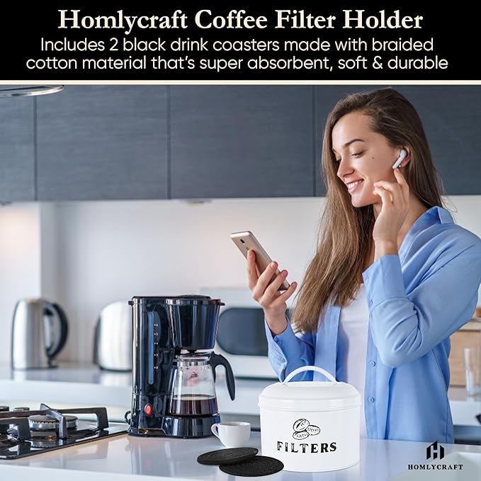 Coffee Filter Holder Vintage Coffee Filter Container with Lid Braided Cotton Drink Coasters for Counter, Home (White)