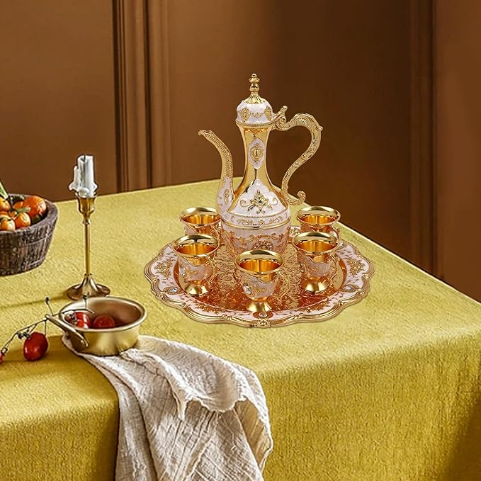 Vintage Extra Large Turkish Coffee & Tea Pot Set for 6 including Tray & Teapot, Golden Antique Carvings Turkish Coffee Tea Cup for Adults, Elegant Eagle Beak Spout for Wedding Tea Service