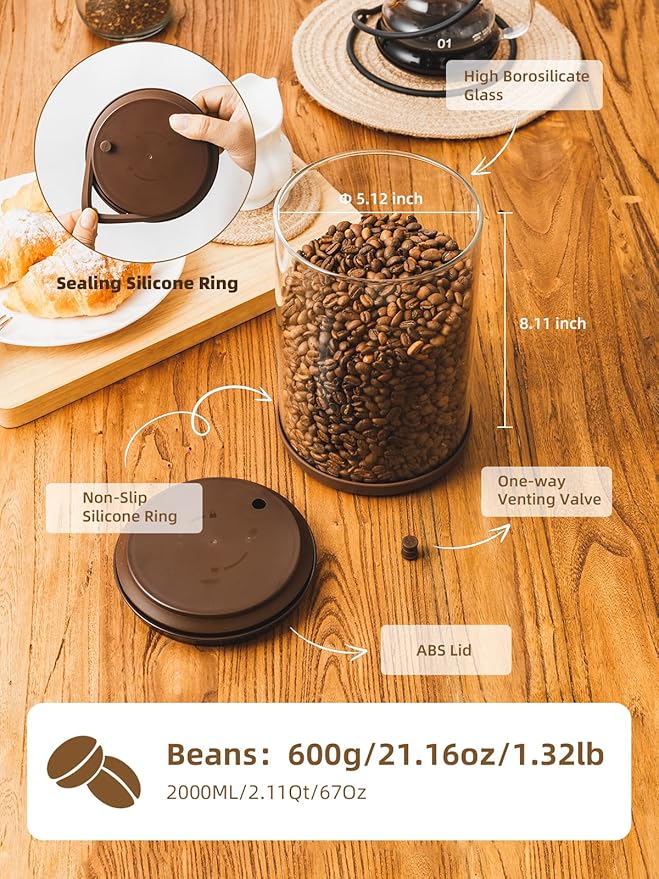 Coffee Canister, 2000ml Borosilicate Glass Airtight Coffee Containers for Ground Coffee with CO2-Release Valve - Large, 24 oz