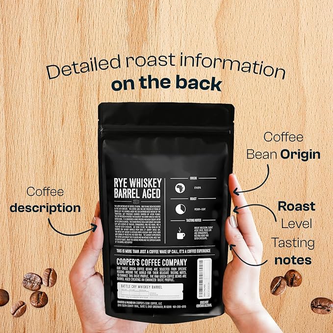 Rye Whiskey Barrel Aged Coffee, Single-Origin Ethiopian Beans Aged in Rye Whiskey Barrels, Medium Light Roast Whole Bean, 12 oz